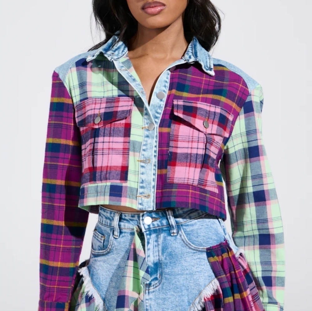 THINK ABOUT ME MORE BUTTON DOWN TOP WITH PLAID DE… - image 6